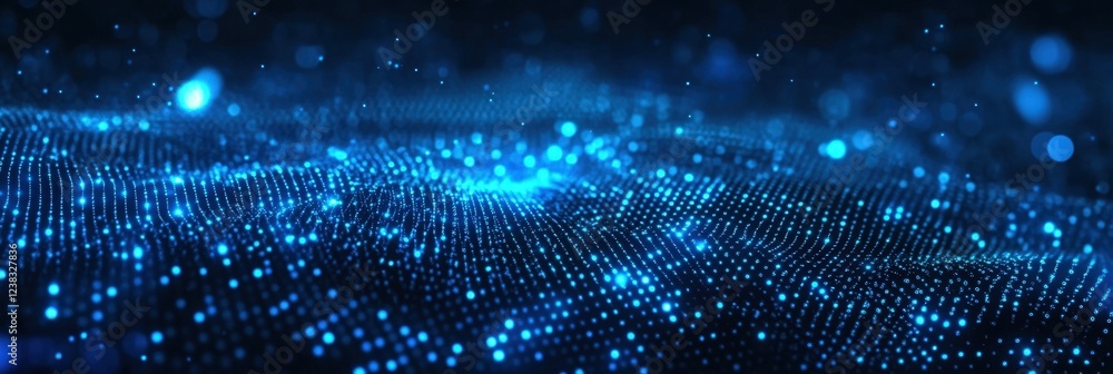 Poster abstract high-tech background with waves of dots and lines in shades of blue representing digital co