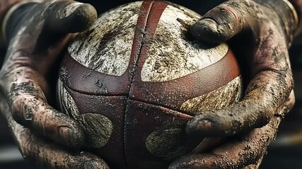 Mud-caked Hands Gripping a Worn Rugby Ball