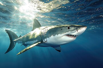 Fototapeta premium Great White Shark Swimming in Ocean Sunlight