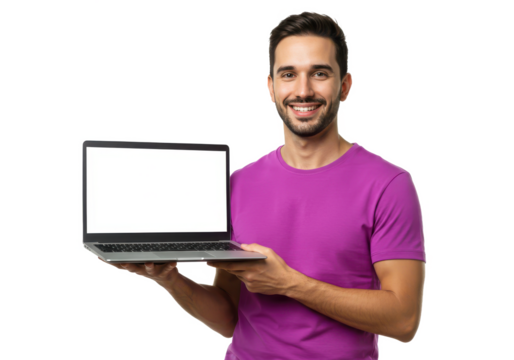 A smiling man in a purple shirt holding a laptop, isolated on white background