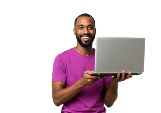 A smiling man in a purple shirt holding a laptop, isolated on white background