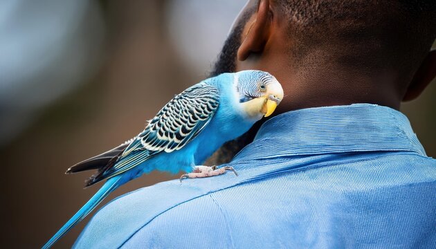 A colorful parakeet rests on its owners shoulder while they bask in the warmth of a sunny day.