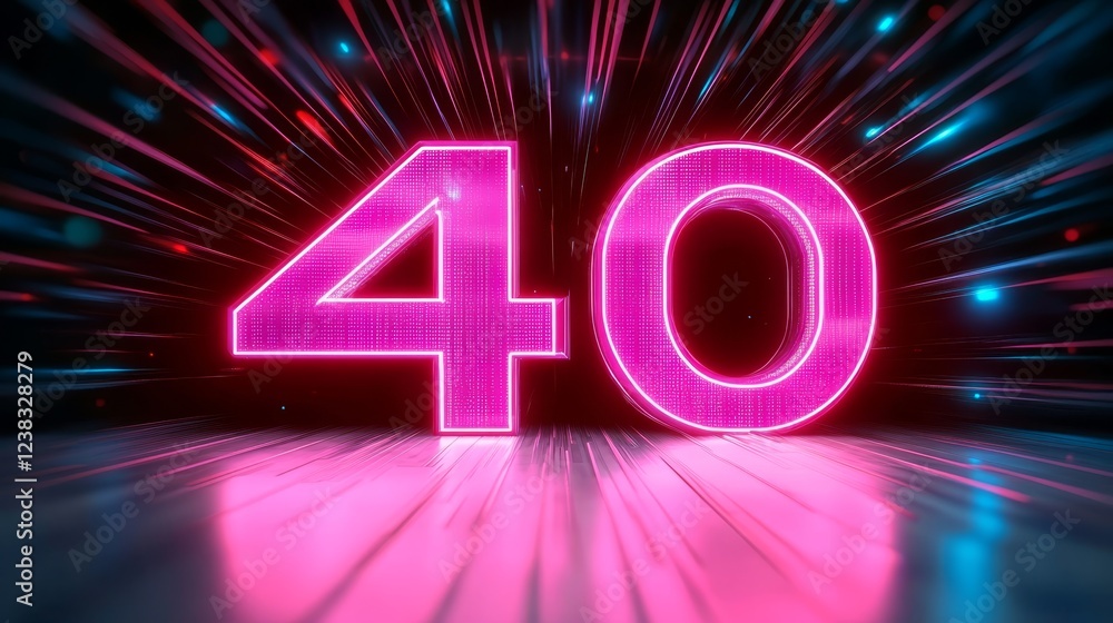 Aufkleber glowing neon number 40 isolated on dark background with speed light trails, 3d rendering