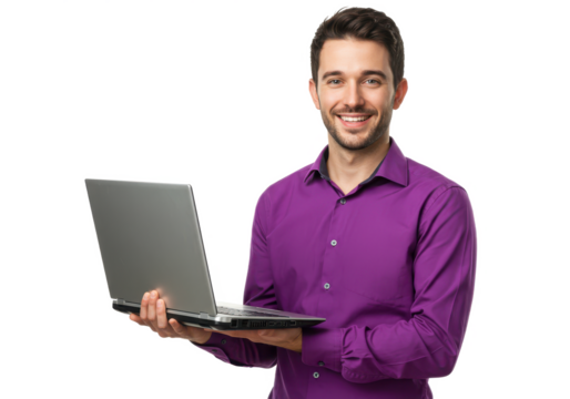A smiling man in a purple shirt holding a laptop, isolated on white background