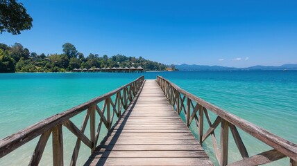 Fototapeta premium A serene wooden pier stretches over crystal-clear turquoise water, framed by lush greenery under a bright blue sky.