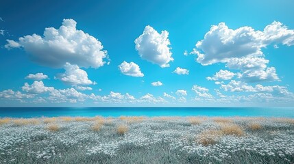 Serene Coastal Meadow Under a Summer Sky
