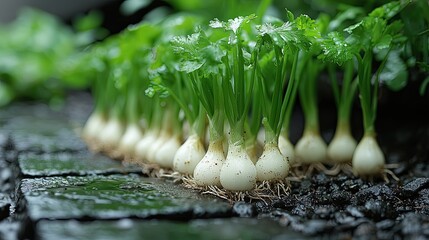 Young Onions Growing Fresh Green Sprouts