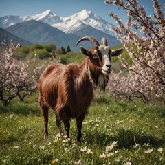 Fototapeta premium Beetal Goat Standing in a Flowering Orchard. goat on the meadow. 