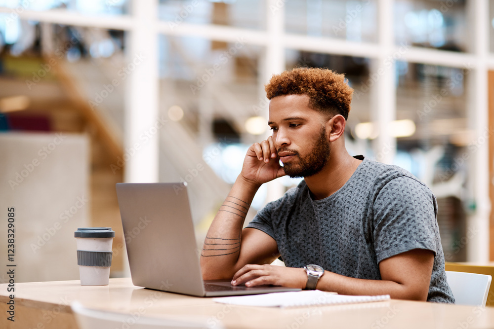Poster laptop, thinking and business black man in office with idea, brainstorming and career insights. crea