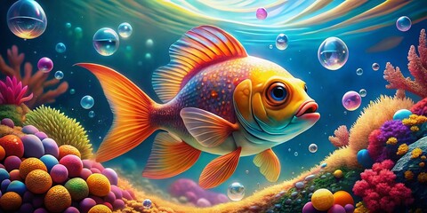 Fototapeta premium Adorable Cartoon Fish Blowing Bubbles Underwater Scene - High Resolution Stock Photo