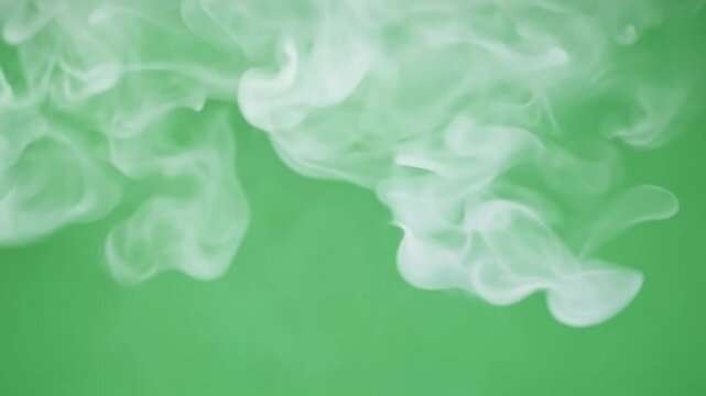 White smoke vapor swirls delicately over a green chroma backdrop, offering a surreal and adaptable visual for media. Generative AI