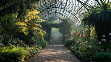 Obraz premium A serene garden path with lush greenery and vibrant flowers inviting you to explore its beauty and tranquility