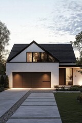 Modern house exterior with sleek design, illuminated at twilight, showcasing minimalist aesthetics and landscaped surroundings