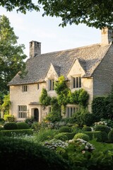 Fototapeta premium Beautiful stone cottage surrounded by lush gardens in the golden glow of sunset, showcasing nature's serenity and architectural charm in a tranquil setting