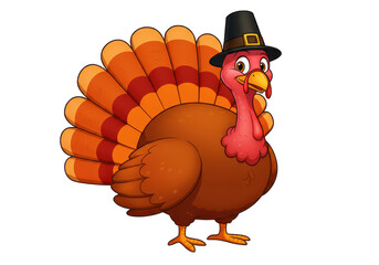 Cartoon turkey wearing a black pilgrim hat, vibrant colors, isolated on white background