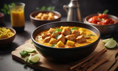 Steaming hot bowl of spicy mango chicken curry , tropical fruit, mouthwatering, flavorful dish