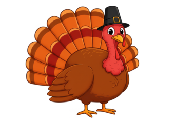 Cartoon turkey wearing a black pilgrim hat, vibrant colors, isolated on white background