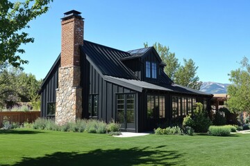 Fototapeta premium Contemporary black house with stone accents surrounded by lush greenery in a serene setting during bright daylight hours