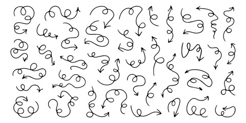 Arrow doodles, pointers of direction with curvy lines, line art, decorative sticker set with different wavy arrows. Vector illustration.