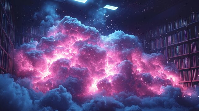 Futuristic Library Setting with Digital Learning Tools and Cloud Computing Concept