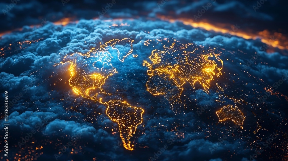 Poster seamless global connectivity concept art with glowing cloud trails symbolizing worldwide digital net