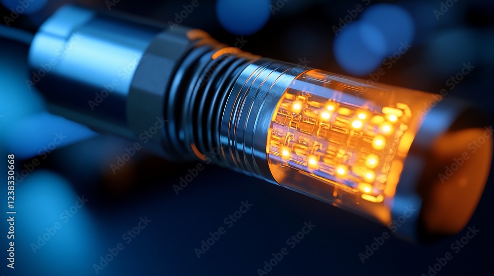 Poster futuristic led light bulb: close-up of a technologically advanced light source with an amber glow, s