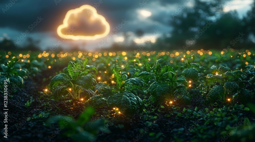 Aufkleber robotic farm connecting to a digital cloud interface in the sky futuristic cloud computing concept