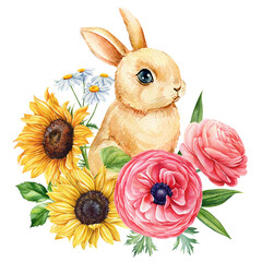 botanical watercolor rabbit, daisies, sunflower flowers. Hand-drawn hare, elegant nature, vintage wildlife illustration