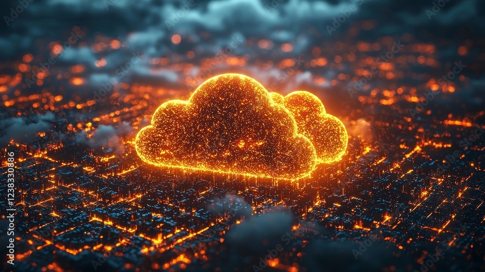 Poster cinematic cloud backup visualization with glowing files uploading into dynamic digital cloud