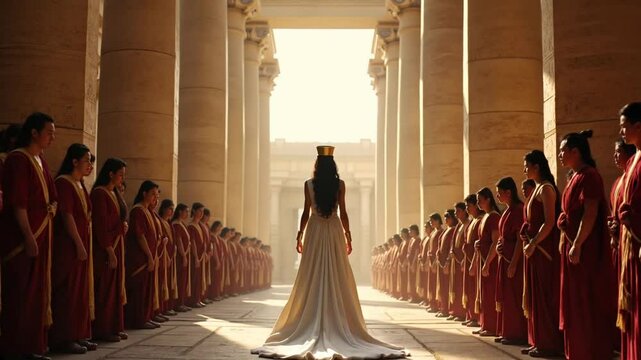 Cinematic wide shot of Cleopatra standing before the Grand Hall of Alexandria, dressed in regal white with golden accents. The sunlit columns and rows of attendants create a powerful, majestic scene.