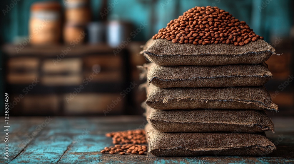 Poster a rustic display of stacked burlap sacks filled with brown beans on a wooden table