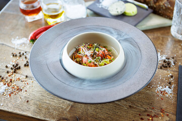 Tuna tartare. Ponzu sauce, chives, cucumber, masago and nori. Delicious healthy Italian traditional food closeup served for lunch in modern gourmet cuisine restaurant