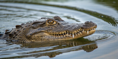 Naklejka premium A Close-Up View of a Crocodile in the Pond, Capturing Nature's Wild Beauty