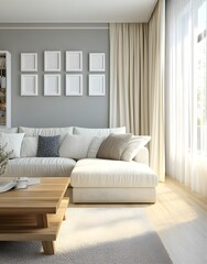 Fototapeta premium A beautiful living room with grey walls. There is an empty wall on the front of it with 9 white photo frames on it. A sofa and coffee table are in the foreground, with a window to one side. 