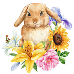 whimsical bunny watercolor painting, delicate floral rabbit, baby animals, hand-painted spring wildlife, nursery print