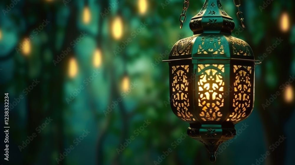 Aufkleber elegant lantern casting warm light in a magical forest setting with soft background glow and dreamy 