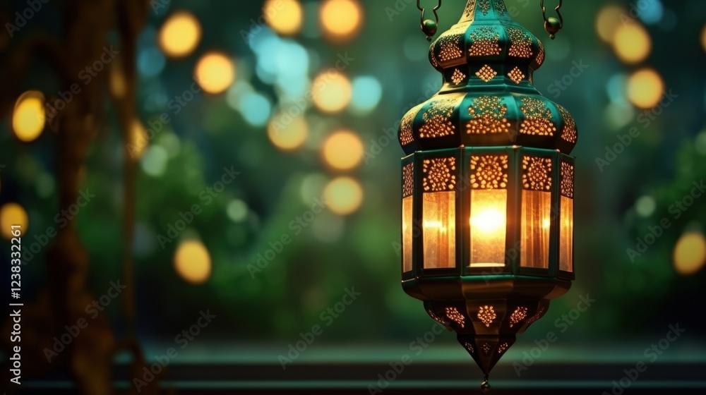 Poster elegant lantern casting warm light in an enchanting evening setting with soft bokeh background effec