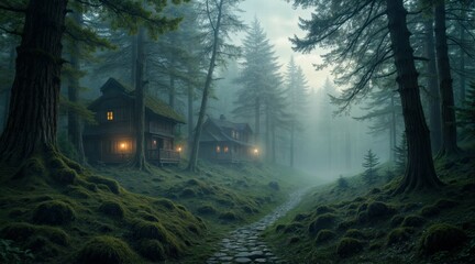 Fototapeta premium Magical Twilight Forest with Thick Mist, Sunbeams Breaking Through Tall Trees, Hidden Village with Glowing Windows, Mysterious Fairy Tale Atmosphere in the Woods.