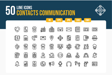 Set of 50 Contacts Communication Icons. Line Icon Collection