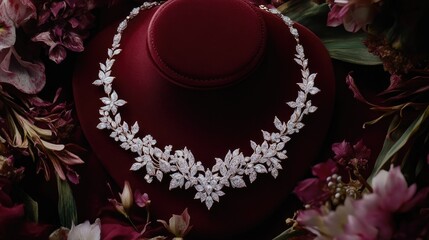 Obraz premium A romantic bridal jewelry set with diamonds and white gold, displayed on a rich maroon background with ambient lighting