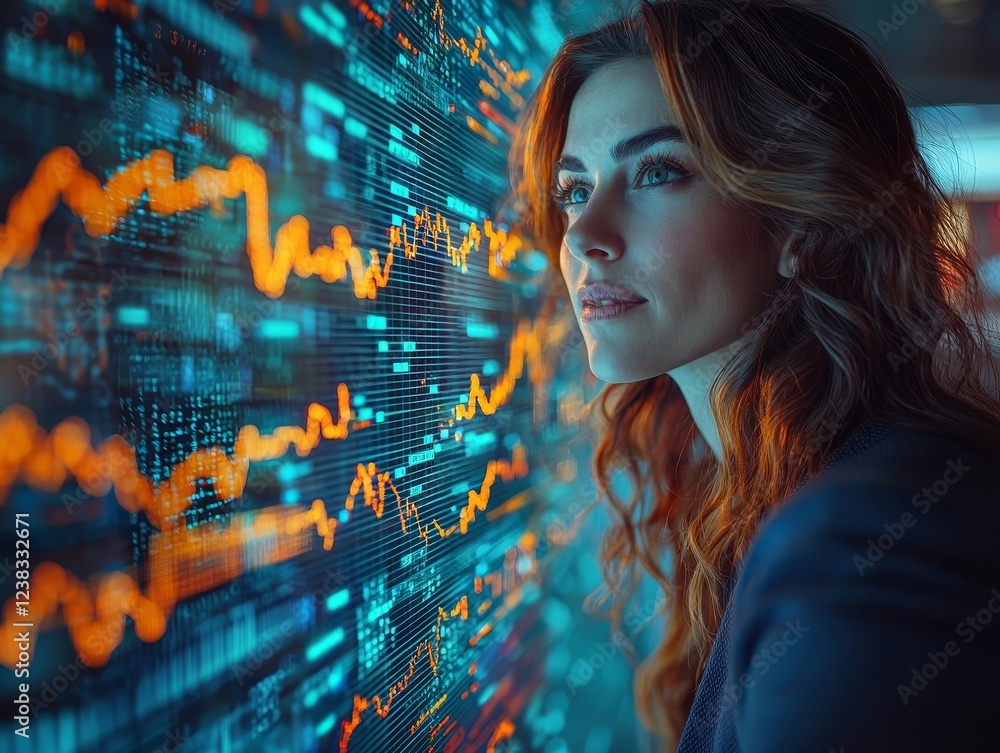 Poster confident and poised business executive amidst floating holographic charts and data visualizations