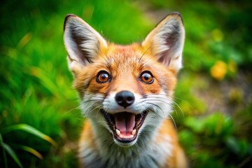 Fototapeta premium Adorable Furry Mammal Joyful Demeanor Wide Open Mouth Bright Eyes Low Light Photography Stock Photo