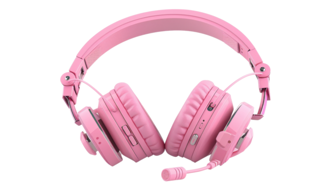 Pink wireless headphones with microphone isolated on transparent background
