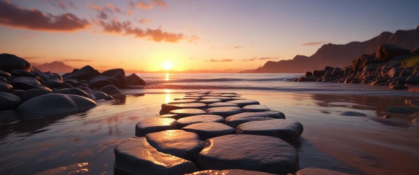 Stepping stone with sunrise in the background, growth, evolution , path