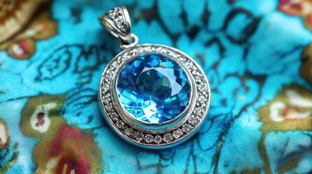Blue topaz gemstone pendant elegantly displayed on a vibrant turquoise background