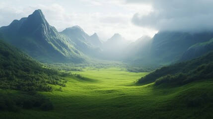 Obraz premium Majestic mountain valley, sunlit meadow, lush greenery, scenic background, nature travel