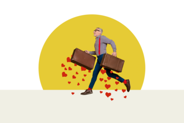 Creative trend collage of old man running hold valise traveler valentine day dating concept weird freak bizarre unusual fantasy