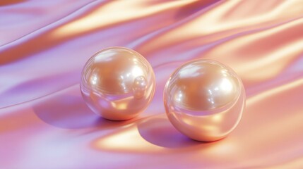 A set of round pearl earrings placed on a soft, pastel-colored surface with elegant light reflections.