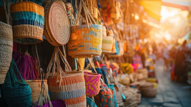 Colorful woven baskets hanging in a vibrant market, showcasing local craftsmanship and creativity under warm sunlight.