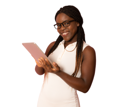 Young African woman wearing eyeglasses holding a tablet standing isolated over transparent background. PNG transparent.
